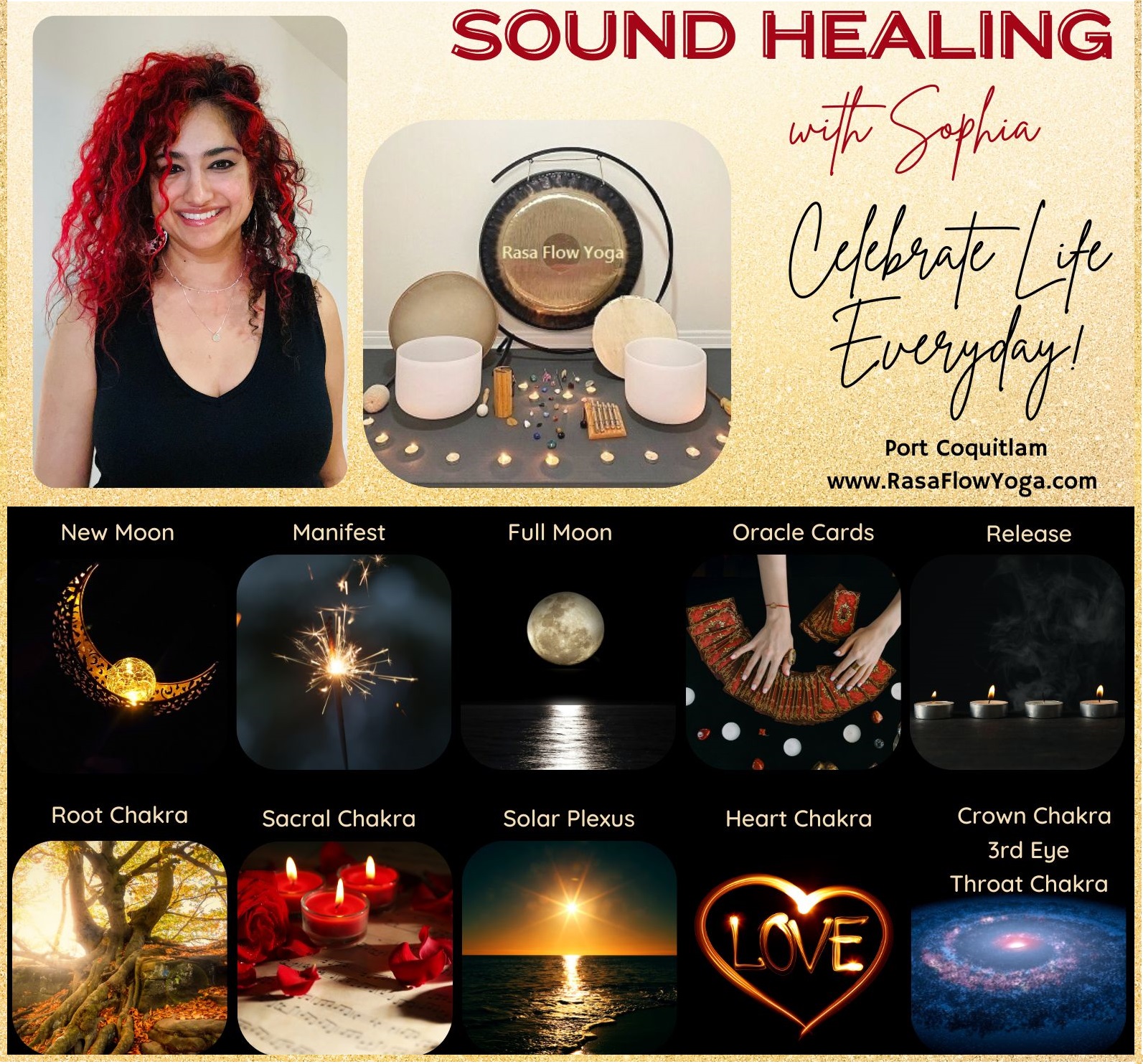 sound healing with Sophia at Rasa Flow Yoga with weekly themes New Moon, Full Moon, Chakras, Release, Manifest